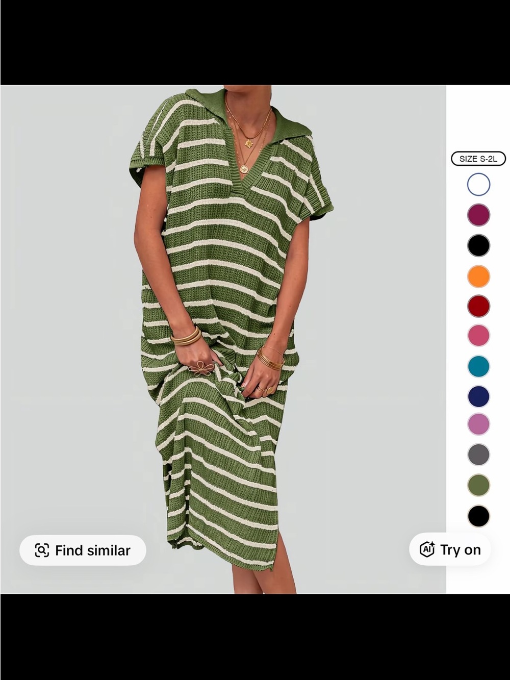 Green and White Striped Knit Collared Midi Dress